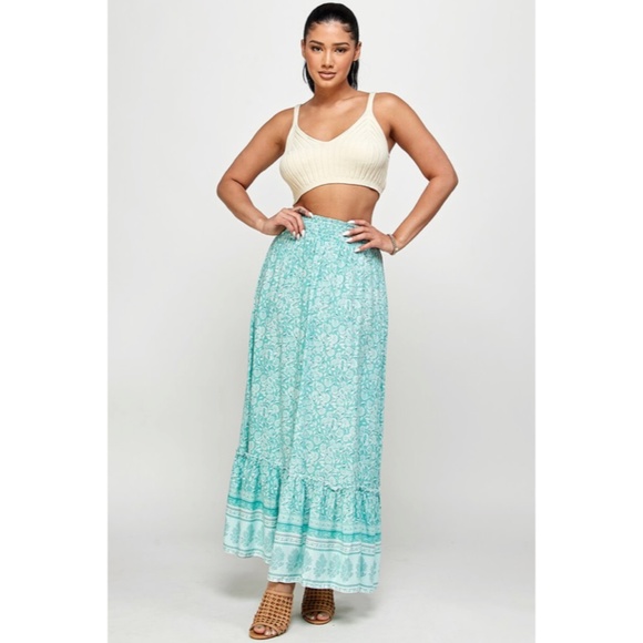 Green Tea Floral Gypsy Boho Bohemian Border Full Length Ruffle Casual Maxi Skirt - Picture 2 of 3